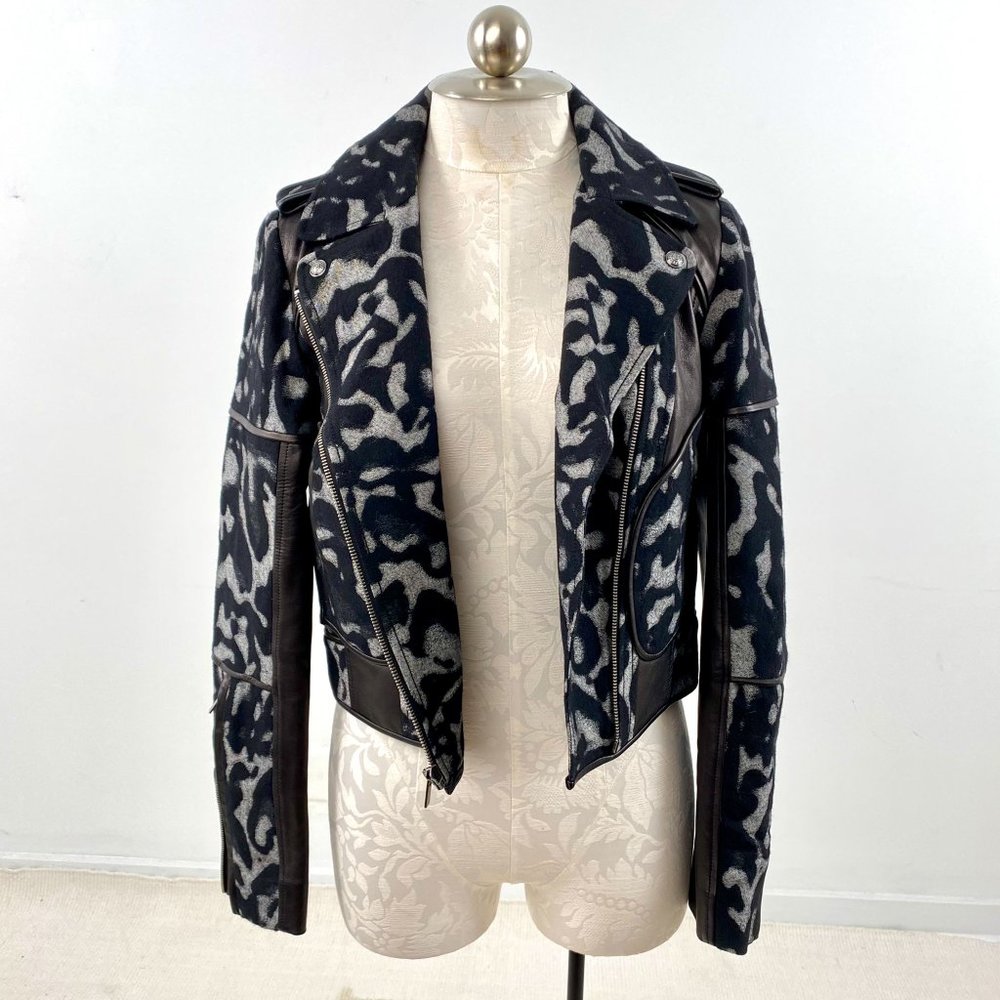 DVF Diane Von Furstenberg Jacket 6 S/M Moto Leather Wool Print Black Grey NWOT - Picture 8 of 15